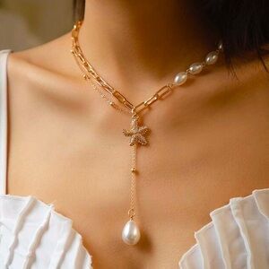 Bohemian Beach Star Faux Baroque Pearl Lariat Chain Link Statement Necklace